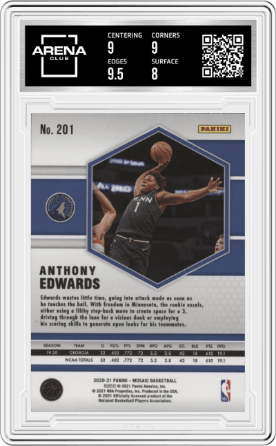 Anthony Edwards from the 2020-21 Panini Mosaic set graded by Arena Club and given an overall grade of 8.5.