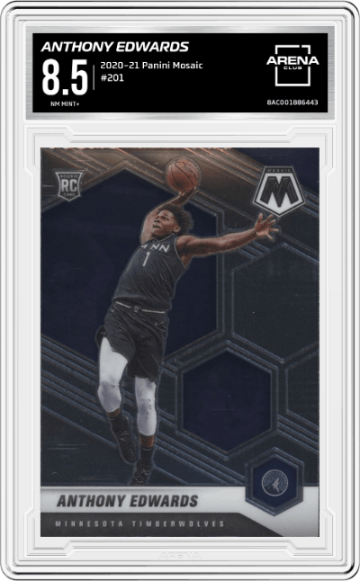 Anthony Edwards from the 2020-21 Panini Mosaic set graded by Arena Club and given an overall grade of 8.5.