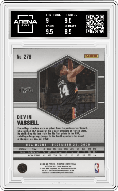 Devin Vassell from the 2020-21 Panini Mosaic set graded by Arena Club and given an overall grade of 9.