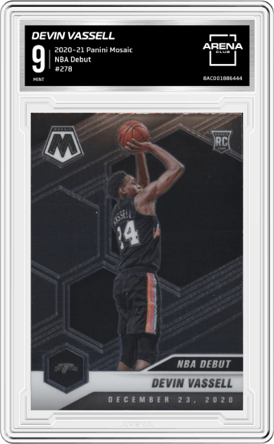 Devin Vassell from the 2020-21 Panini Mosaic set graded by Arena Club and given an overall grade of 9.