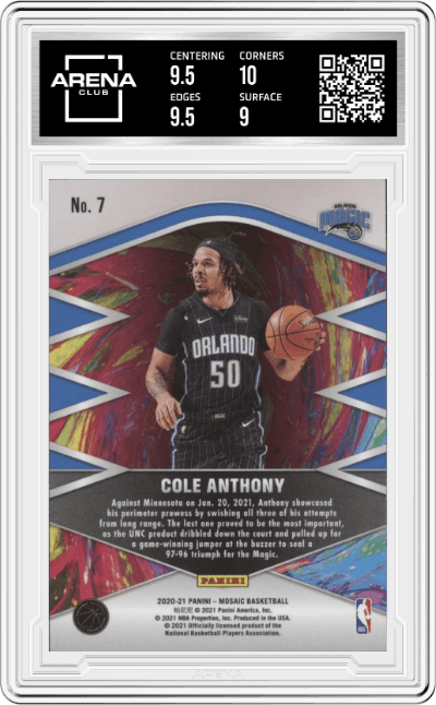 Cole Anthony from the 2020-21 Panini Mosaic set graded by Arena Club and given an overall grade of 9.5.
