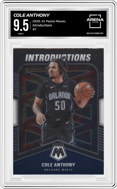 Cole Anthony from the 2020-21 Panini Mosaic set graded by Arena Club and given an overall grade of 9.5.