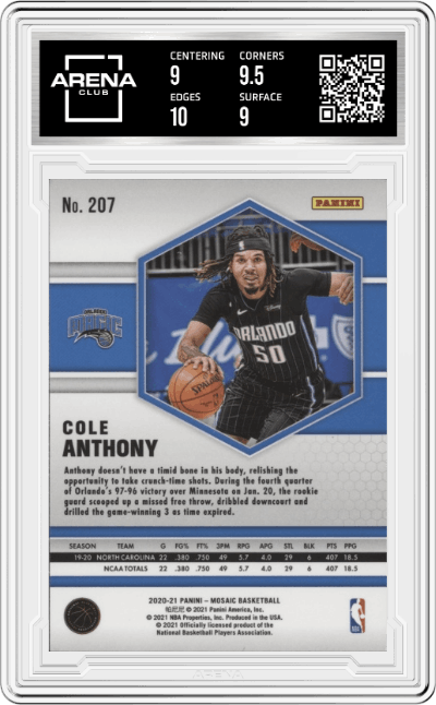 Cole Anthony from the 2020-21 Panini Mosaic set graded by Arena Club and given an overall grade of 9.5.