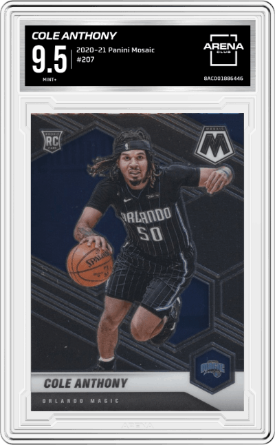 Cole Anthony from the 2020-21 Panini Mosaic set graded by Arena Club and given an overall grade of 9.5.