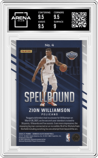 Zion Williamson from the 2020-21 Panini Donruss Elite Basketball set graded by Arena Club and given an overall grade of 9.5.