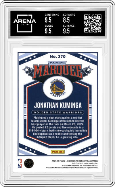 Jonathan Kuminga from the 2021-22 Panini Chronicles set graded by Arena Club and given an overall grade of 9.