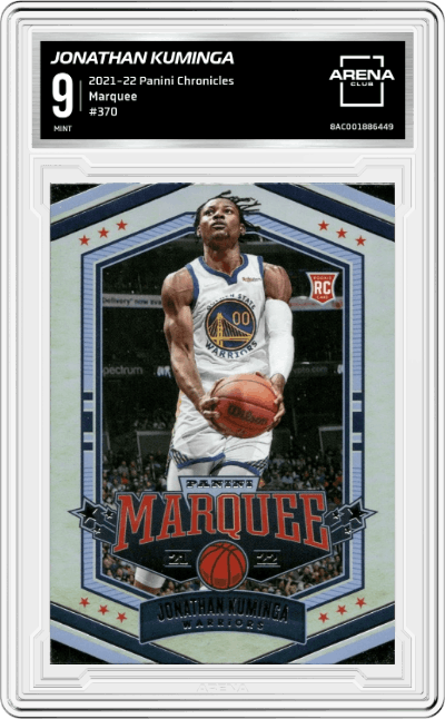 Jonathan Kuminga from the 2021-22 Panini Chronicles set graded by Arena Club and given an overall grade of 9.