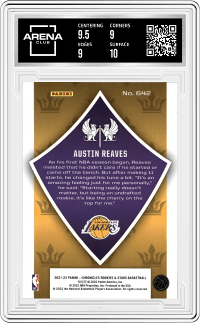 Austin Reaves  from the 2021-22 Panini Chronicles set graded by Arena Club and given an overall grade of 9.5.