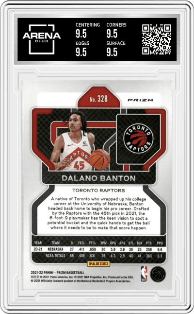 Dalano Banton from the 2021-22 Panini Prizm  set featuring a Hyper Prizm parallel graded by Arena Club and given an overall grade of 9.5.