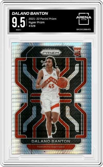 Dalano Banton from the 2021-22 Panini Prizm  set featuring a Hyper Prizm parallel graded by Arena Club and given an overall grade of 9.5.
