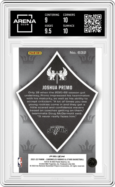 Joshua Primo from the 2021-22 Panini Chronicles set featuring a Silver
 parallel graded by Arena Club and given an overall grade of 9.5.