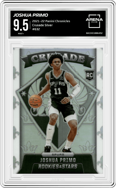 Joshua Primo from the 2021-22 Panini Chronicles set featuring a Silver
 parallel graded by Arena Club and given an overall grade of 9.5.