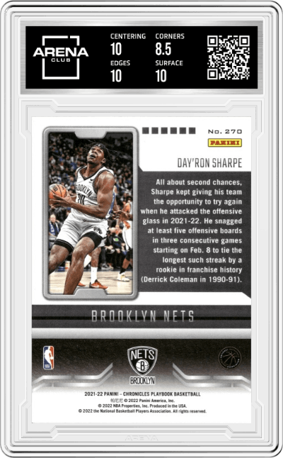 Day'Ron Sharpe from the 2021-22 Panini Chronicles set featuring a Blue parallel graded by Arena Club and given an overall grade of 9.