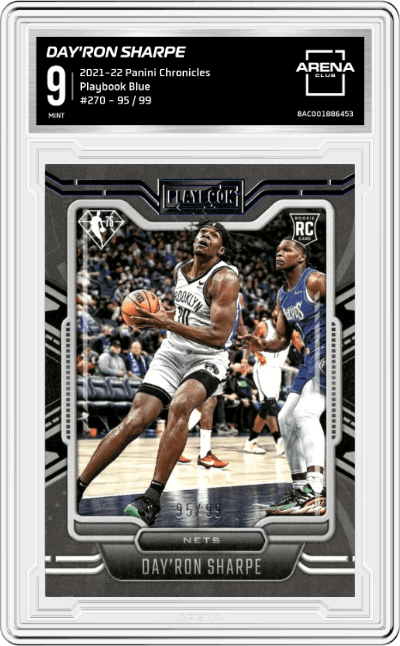 Day'Ron Sharpe from the 2021-22 Panini Chronicles set featuring a Blue parallel graded by Arena Club and given an overall grade of 9.