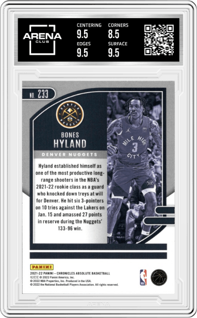 Bones Hyland from the 2021-22 Panini Chronicles set graded by Arena Club and given an overall grade of 9.
