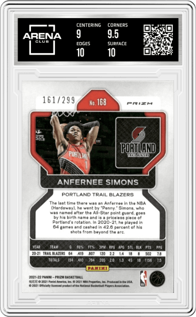 Anfernee Simons  from the 2021-22 Panini Prizm  set featuring a Red Prizm parallel graded by Arena Club and given an overall grade of 9.5.