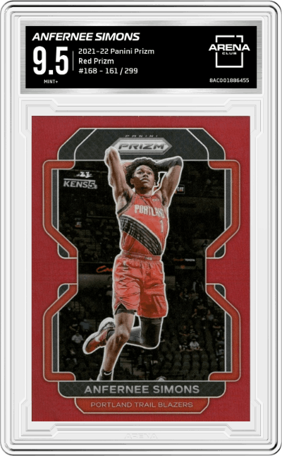 Anfernee Simons  from the 2021-22 Panini Prizm  set featuring a Red Prizm parallel graded by Arena Club and given an overall grade of 9.5.
