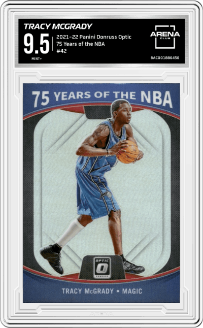 Tracy McGrady from the 2021-22 Panini Donruss Optic set graded by Arena Club and given an overall grade of 9.5.