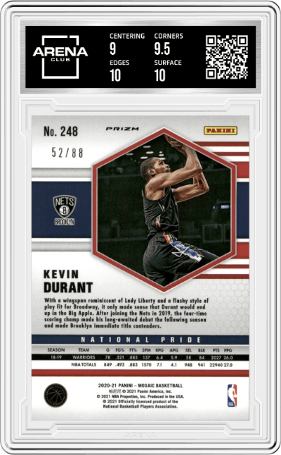 Kevin Durant from the 2020-21 Panini Mosaic set featuring a Choice Fusion Red & Yellow parallel graded by Arena Club and given an overall grade of 9.5.