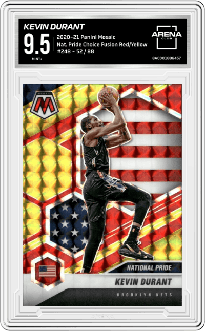 Kevin Durant from the 2020-21 Panini Mosaic set featuring a Choice Fusion Red & Yellow parallel graded by Arena Club and given an overall grade of 9.5.