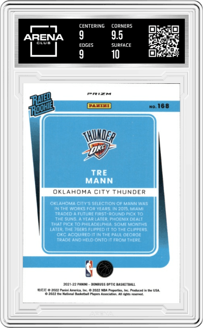 Tre Mann from the 2021-22 Panini Donruss Optic set featuring a Choice
 parallel graded by Arena Club and given an overall grade of 9.5.