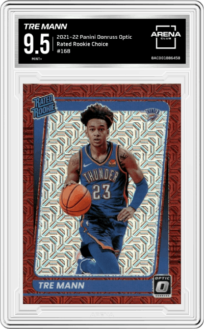 Tre Mann from the 2021-22 Panini Donruss Optic set featuring a Choice
 parallel graded by Arena Club and given an overall grade of 9.5.