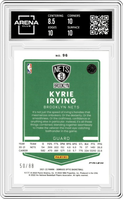 Kyrie Irving from the 2021-22 Panini Donruss Optic set featuring a Choice Red parallel graded by Arena Club and given an overall grade of 9.
