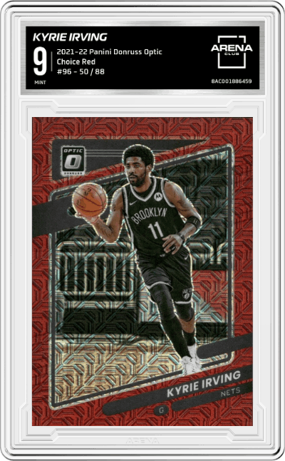 Kyrie Irving from the 2021-22 Panini Donruss Optic set featuring a Choice Red parallel graded by Arena Club and given an overall grade of 9.