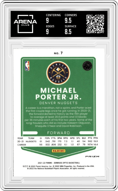 Michael Porter Jr from the 2021-22 Panini Donruss Optic set featuring a Choice Dragon parallel graded by Arena Club and given an overall grade of 9.