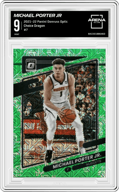Michael Porter Jr from the 2021-22 Panini Donruss Optic set featuring a Choice Dragon parallel graded by Arena Club and given an overall grade of 9.