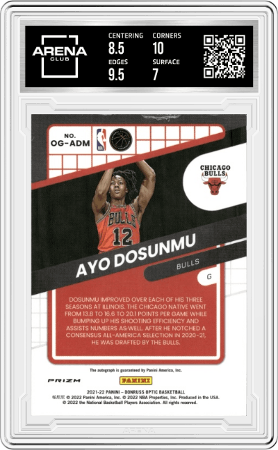Ayo Dosunmu from the 2021-22 Panini Donruss Optic set featuring a Choice parallel graded by Arena Club and given an overall grade of 7.5.