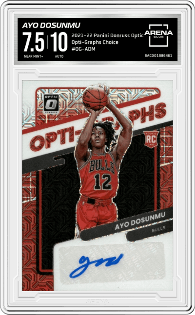 Ayo Dosunmu from the 2021-22 Panini Donruss Optic set featuring a Choice parallel graded by Arena Club and given an overall grade of 7.5.