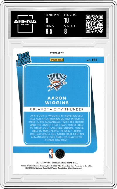 Aaron Wiggins from the 2021-22 Panini Donruss Optic set featuring a Holo parallel graded by Arena Club and given an overall grade of 8.5.
