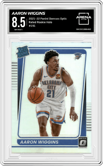 Aaron Wiggins from the 2021-22 Panini Donruss Optic set featuring a Holo parallel graded by Arena Club and given an overall grade of 8.5.
