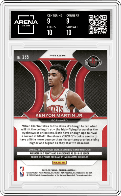 Kenyon Martin Jr. from the 2020-21 Panini Prizm set featuring a Hyper Prizm parallel graded by Arena Club and given an overall grade of 9.5.