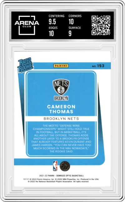 Cameron Thomas from the 2021-22 Panini Donruss Optic set graded by Arena Club and given an overall grade of 9.5.