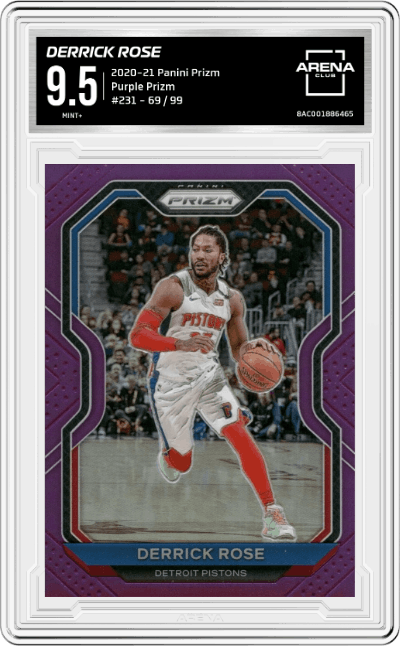 Derrick Rose from the 2020-21 Panini Prizm set featuring a Purple Prizm parallel graded by Arena Club and given an overall grade of 9.5.