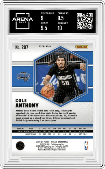 Cole Anthony from the 2020-21 Panini Mosaic set featuring a Choice Red & Green Prizm parallel graded by Arena Club and given an overall grade of 9.5.