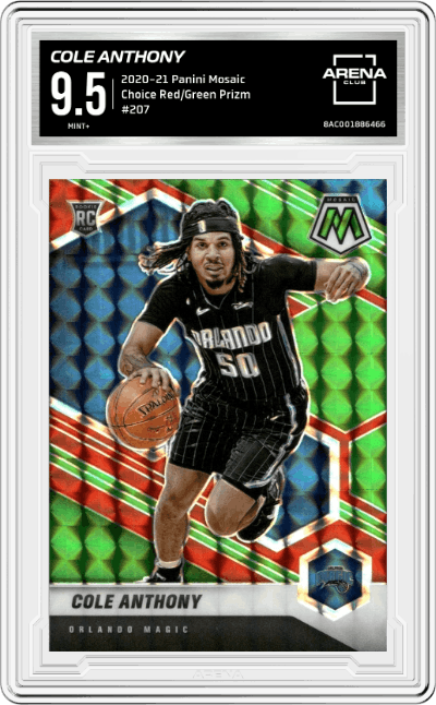 Cole Anthony from the 2020-21 Panini Mosaic set featuring a Choice Red & Green Prizm parallel graded by Arena Club and given an overall grade of 9.5.