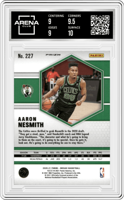 Aaron Nesmith from the 2020-21 Panini Mosaic set featuring a Red & Green Choice parallel graded by Arena Club and given an overall grade of 9.5.