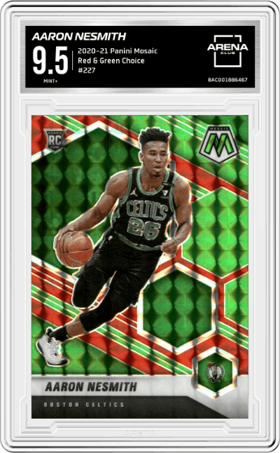 Aaron Nesmith from the 2020-21 Panini Mosaic set featuring a Red & Green Choice parallel graded by Arena Club and given an overall grade of 9.5.