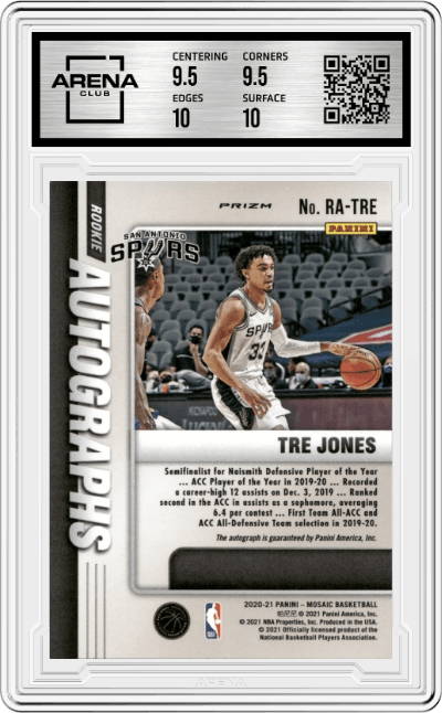 Tre Jones from the 2020-21 Panini Mosaic set featuring a Choice Red & Yellow Fusion parallel graded by Arena Club and given an overall grade of 10.