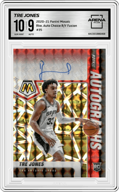 Tre Jones from the 2020-21 Panini Mosaic set featuring a Choice Red & Yellow Fusion parallel graded by Arena Club and given an overall grade of 10.