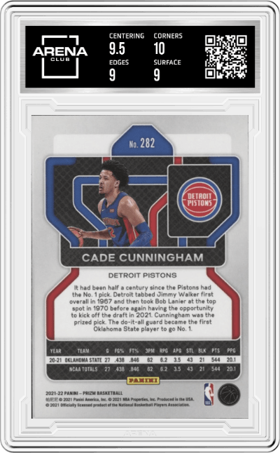 Cade Cunningham from the 2021-22 Panini Prizm  set graded by Arena Club and given an overall grade of 9.5.