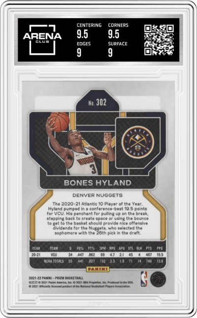 Bones Hyland from the 2021-22 Panini Prizm  set graded by Arena Club and given an overall grade of 9.5.