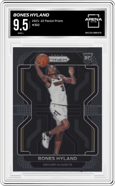Bones Hyland from the 2021-22 Panini Prizm  set graded by Arena Club and given an overall grade of 9.5.