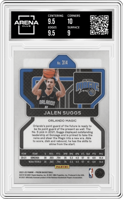 Jalen Suggs from the 2021-22 Panini Prizm  set graded by Arena Club and given an overall grade of 9.5.
