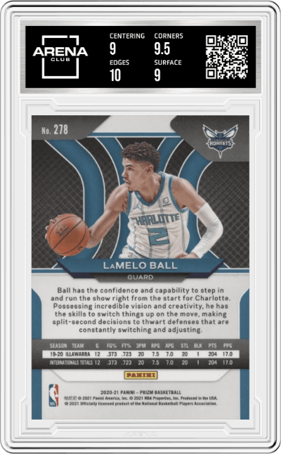 LaMelo Ball from the 2020-21 Panini Prizm set graded by Arena Club and given an overall grade of 9.5.