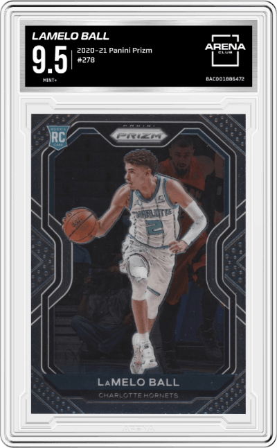 LaMelo Ball from the 2020-21 Panini Prizm set graded by Arena Club and given an overall grade of 9.5.