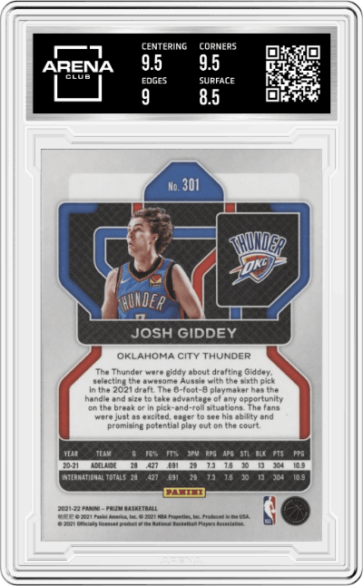 Josh Giddey from the 2021-22 Panini Prizm  set graded by Arena Club and given an overall grade of 9.